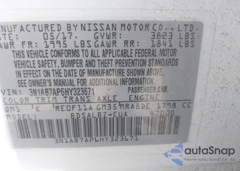 2017 Nissan Sentra S from USA, damaged, VIN 3N1AB7AP6HY323671